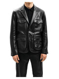Men Premium Black Flap Pockets Leather Blazer