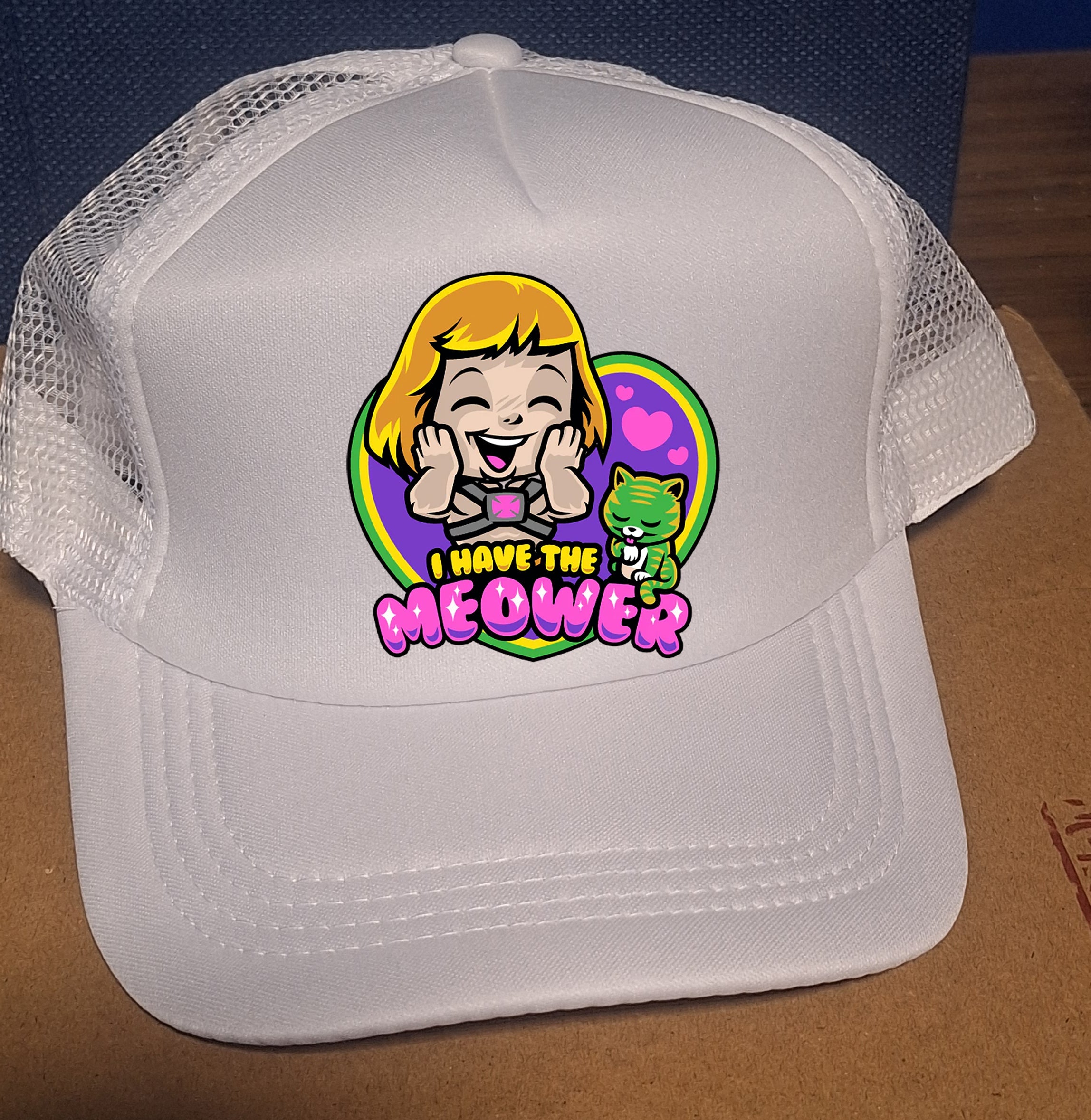 Adjustable Trucker Baseball Cap Featuring 'I Have The Meower He Man Cringer' MOTU Design