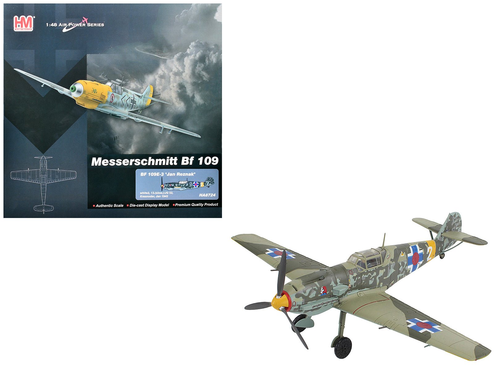 Messerschmitt Bf 109E-3 Fighter Aircraft "White 2 Jan Reznak 13.(slow)/JG 52 Kraznodar USSR" (1943) German Luftwaffe "Air Power Series" 1/48 Diecast Model by Hobby Master  free shipping USA