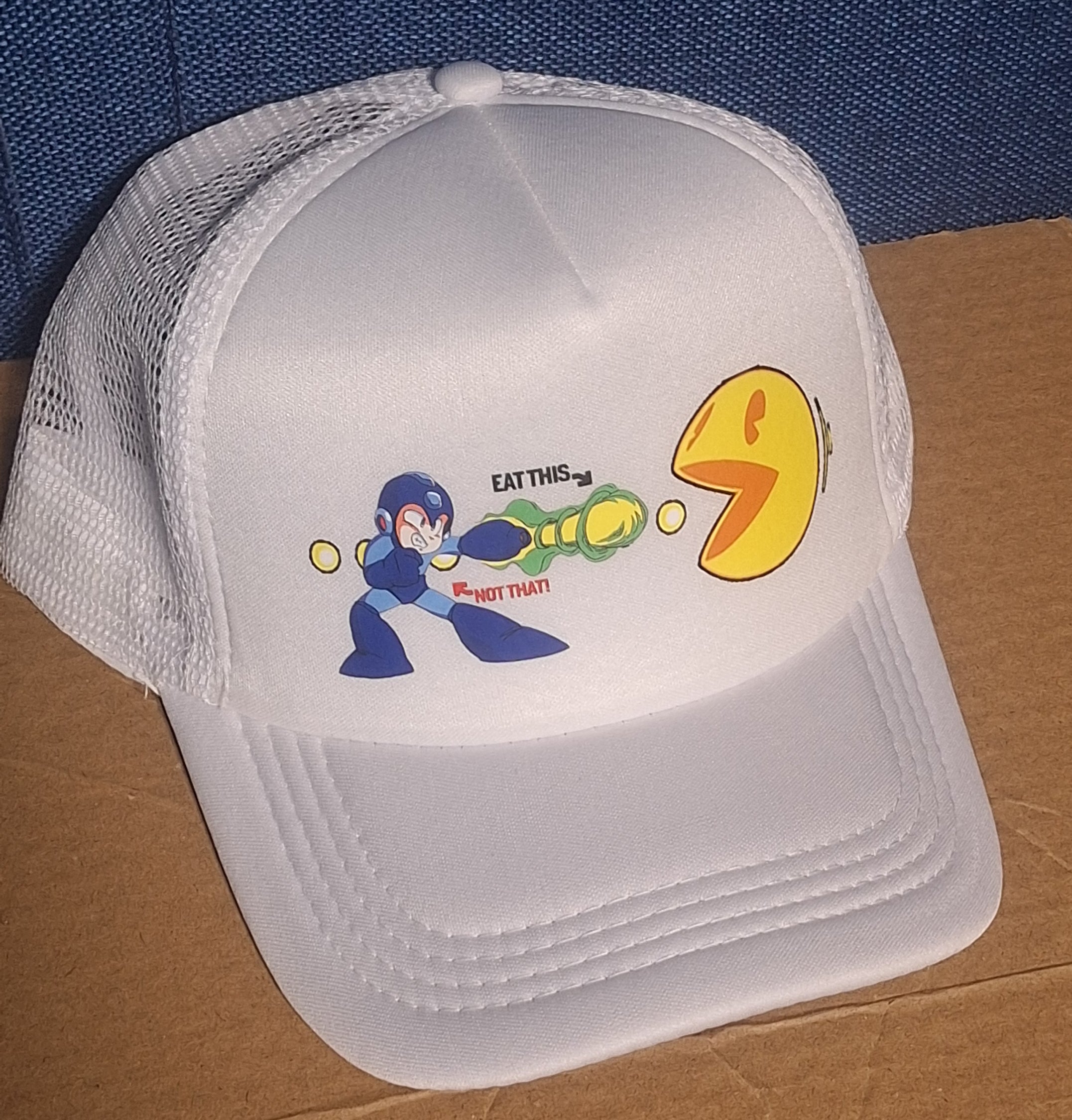 Adjustable Trucker Baseball Cap Featuring Megaman vs Pac-Man 'Eat This Not That' Graphic Design