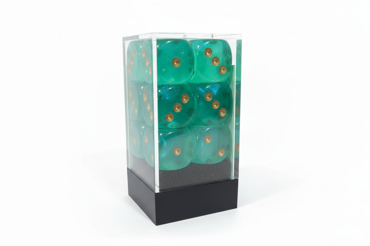 Chessex Borealis Light Green/Gold 16mm d6 Dice – Block of 12 | OOP New Glitter (Non-Luminary, Rare)