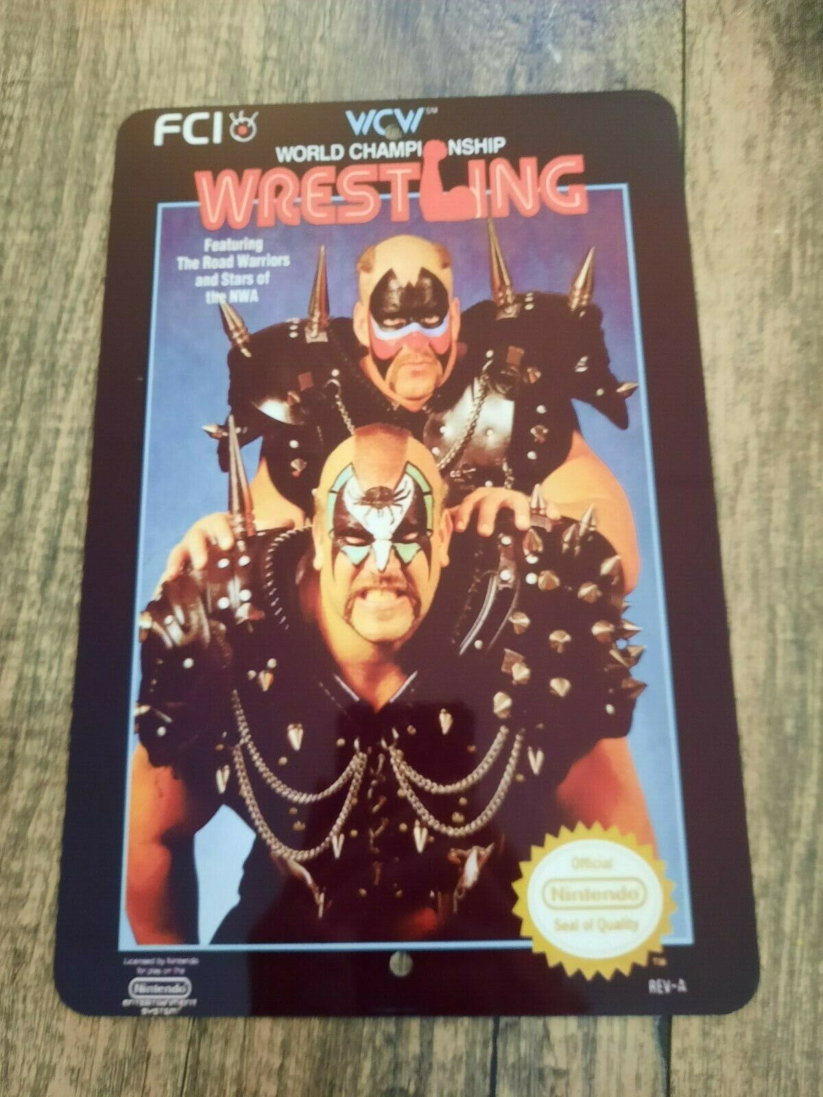 WCW World Championship Wrestling 8x12 Inch Metal Wall Sign with Box Cover Featuring Nintendo Fighting Arcade Game Design