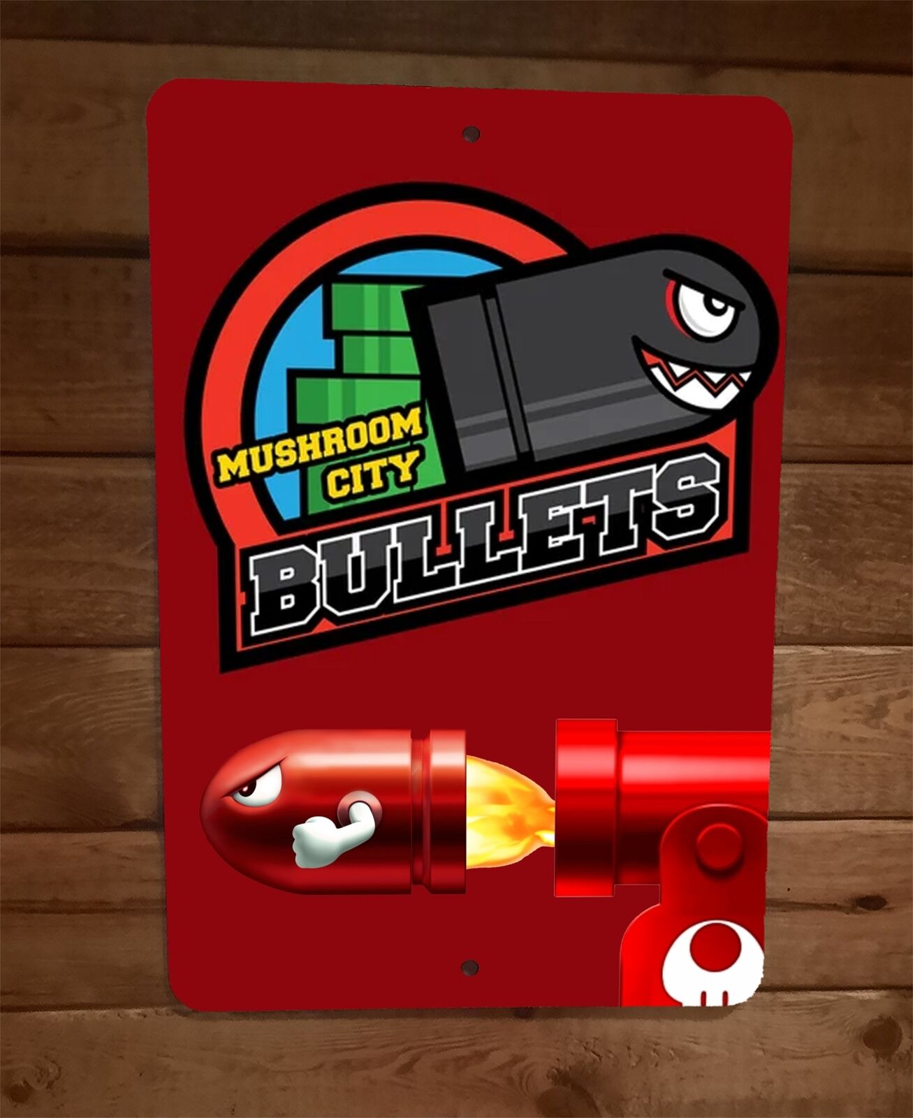 Mushroom City Bullets Bill 8x12 Metal Wall Sign Featuring Super Mario Bros Enemy Character
