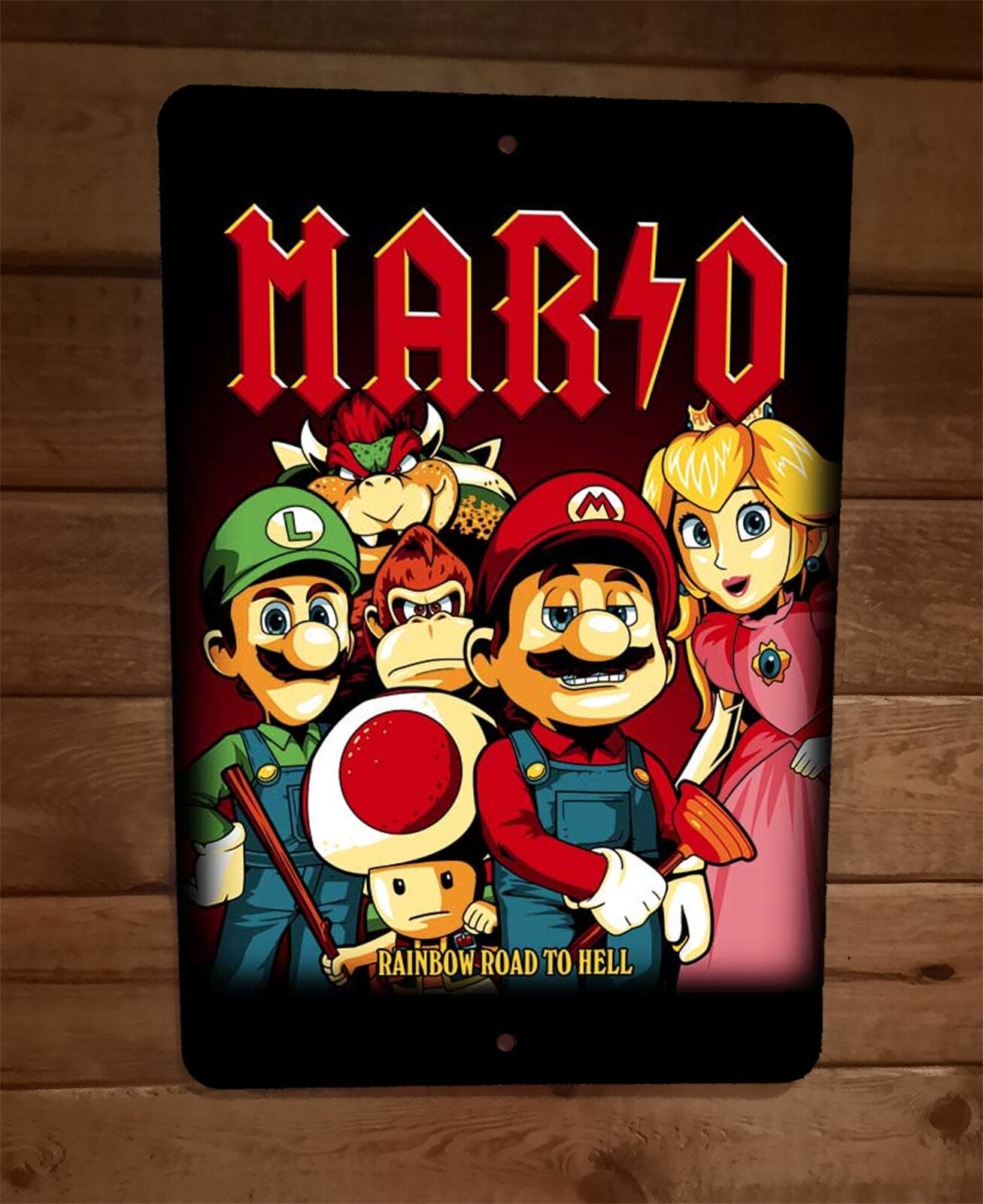 Mario Rainbow Road to Hell 8x12 Inches Metal Wall Sign ACDC Brothers Parody Poster