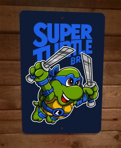 Super Blue Turtle Brothers Leonardo 8" x 12" Metal Wall Sign Poster TMNT Mario Parody
