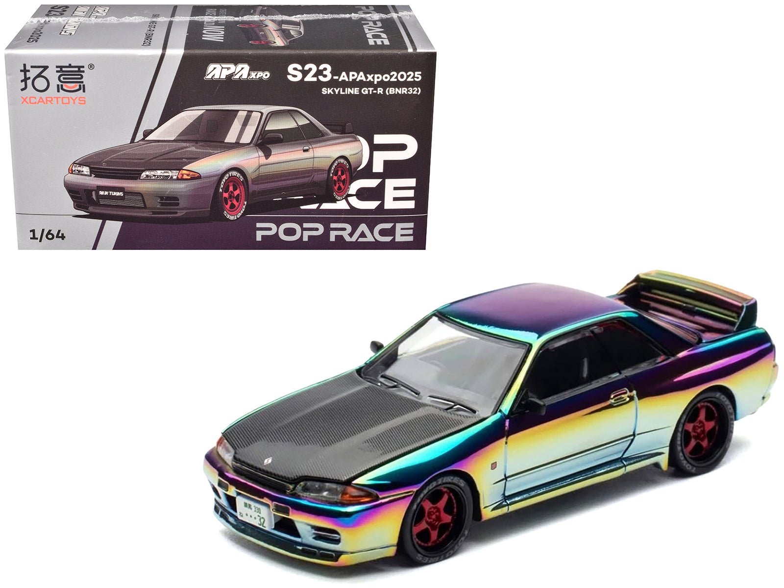 Skyline GT-R (BNR32) RHD (Right Hand Drive) Chameleon Chrome with Carbon Hood "APA XPO 2025 Exclusive 1/64 Diecast Model Car by Pop Race  free shipping USA
