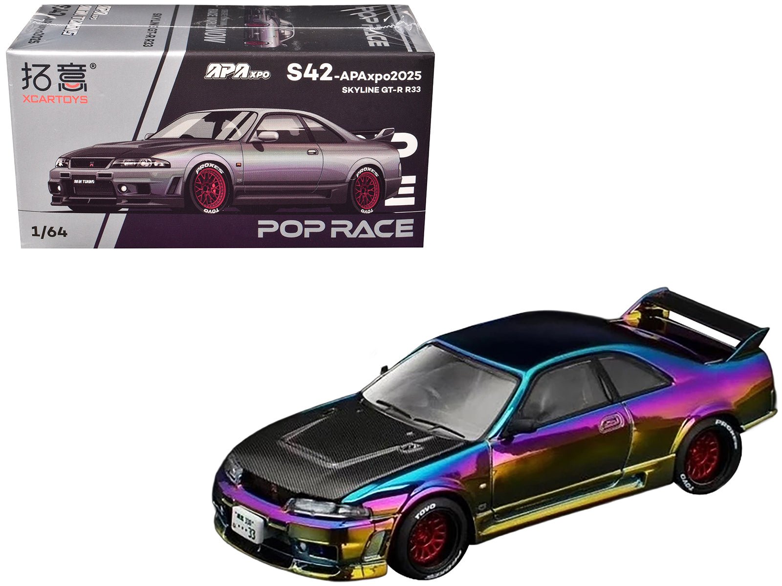 Skyline GT-R (R33) RHD (Right Hand Drive) Chameleon Chrome with Carbon Hood "APA XPO 2025 Exclusive" 1/64 Diecast Model Car by Pop Race  free shipping USA