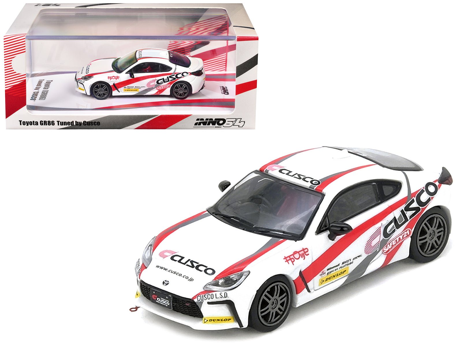 Toyota GR86 Tuned by "CUSCO" RHD (Right Hand Drive) White with Red and Gray Stripes 1/64 Diecast Model Car by Inno Models  free shipping USA