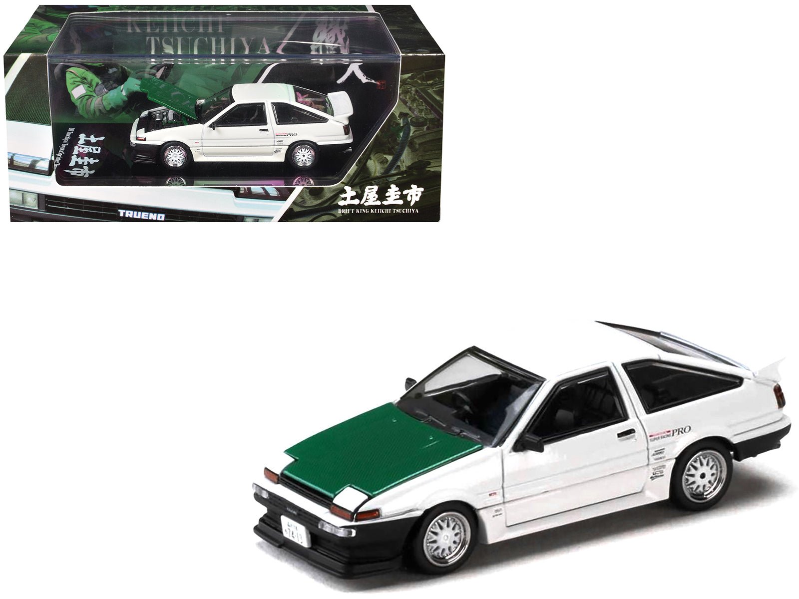 Toyota Sprinter Trueno (AE86) RHD (Right Hand Drive) "Keiichi Tsuchiya - Dori Dori Mesh Wheels" White with Green Carbon Hood 1/64 Diecast Model Car by Hobby Japan  free shipping USA