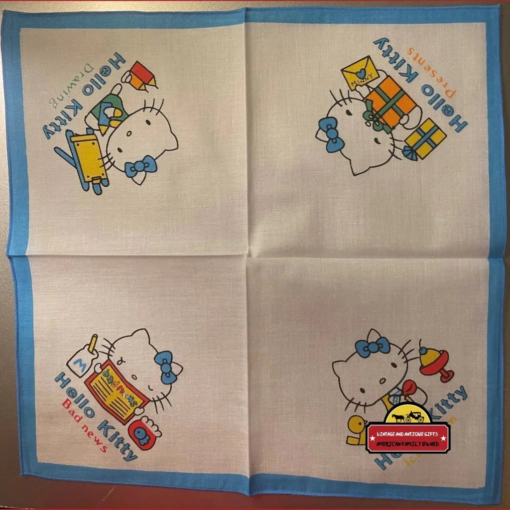 Vintage 1980s Hello Kitty Cotton Napkin Handkerchief 🎀 Blue - Sanrio Japan NOS
