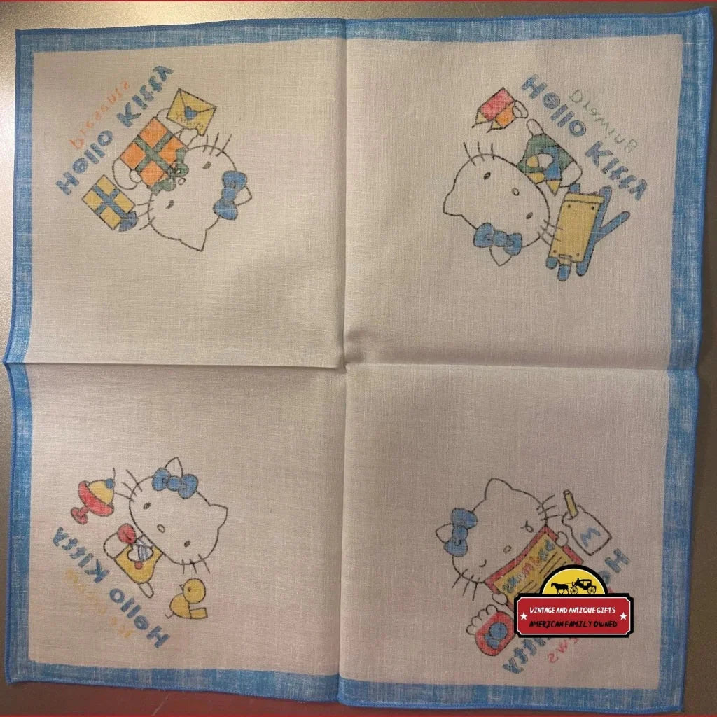 Vintage 1980s Hello Kitty Cotton Napkin Handkerchief 🎀 Blue - Sanrio Japan NOS