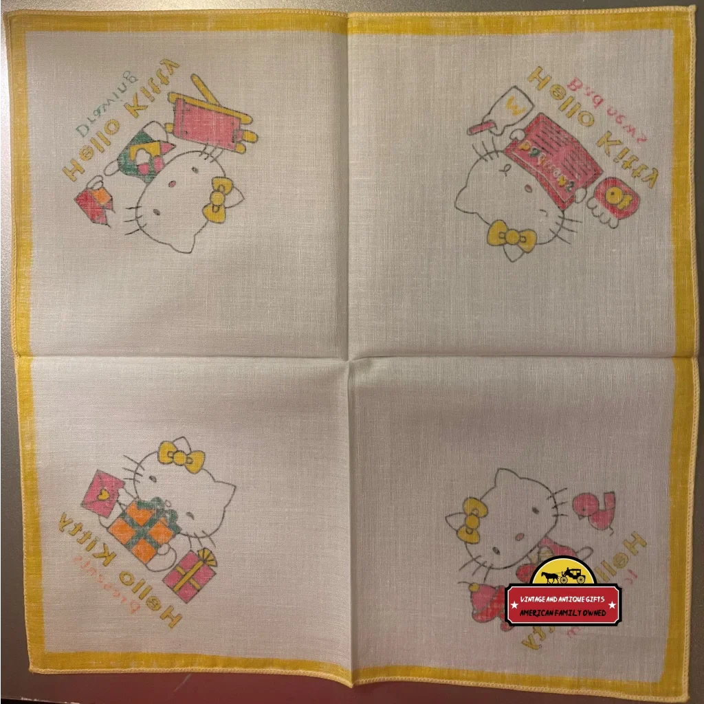 Vintage 1980s Hello Kitty Cotton Napkin Handkerchief 🎀 Yellow - Sanrio Japan NOS