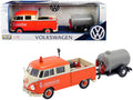 Volkswagen Type 2 (T1) Pickup Truck Orange and Cream with Oil Trailer "Road Service" 1/24 Diecast Model Car by Motormax  free shipping USA