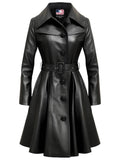 Women Black Real Long Leather Coat