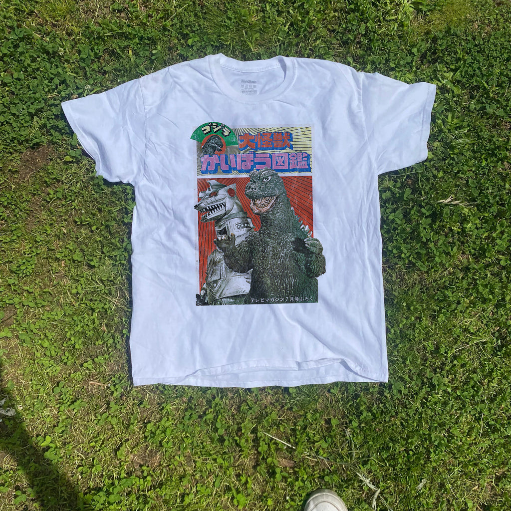 70S Graphic 'Godzilla Vs Mechagodzilla' Vintage Washed White Tee